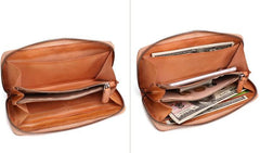 Cool Tan Mens Leather Long Wallet Braided Zipper Long Wallet for Men