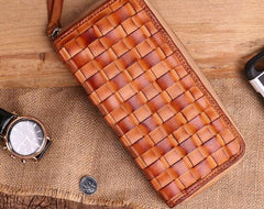 Cool Tan Mens Leather Long Wallet Braided Zipper Long Wallet for Men