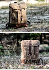 Cool Waxed Canvas Black Leather Waterproof 15'' Barrel Backpack Travel Backpack Bucket Hiking Backpack for Men