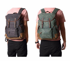 Cool Waxed Canvas Mens Casual 14'' Green Hiking Backpack Black Computer Backpack Travel Backpack College Bag for Men