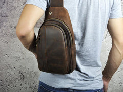Cool Brown Mens Leather Chest Bags Sling Bag One Shoulder Backpack For Men