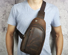 Cool Brown Mens Leather Chest Bags Sling Bag One Shoulder Backpack For Men