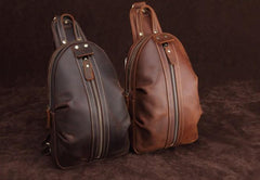 Cool Dark Brown Mens Leather One Shoulder Backpack Chest Bag Sling Bag For Mens