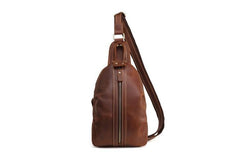Cool Dark Brown Mens Leather One Shoulder Backpack Chest Bag Sling Bag For Mens