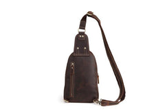 Cool Dark Brown Mens Leather One Shoulder Backpack Chest Bag Sling Bag For Mens