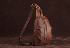 Cool Dark Brown Mens Leather One Shoulder Backpack Chest Bag Sling Bag For Mens