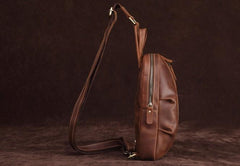 Cool Dark Brown Mens Leather One Shoulder Backpack Chest Bag Sling Bag For Mens