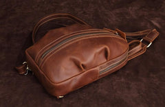 Cool Dark Brown Mens Leather One Shoulder Backpack Chest Bag Sling Bag For Mens