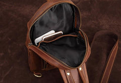 Cool Dark Brown Mens Leather One Shoulder Backpack Chest Bag Sling Bag For Mens