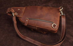 Cool Dark Brown Mens Leather One Shoulder Backpack Chest Bag Sling Bag For Mens