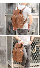 Cool Black Leather Mens Travel Large Backpack Work Handbag 16 inches Work Backpack For Men