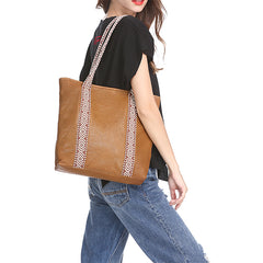 Country Style Black Leather Tote Bag Shopper Bag Brown Tote Purse For Women