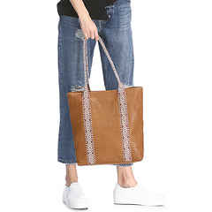 Country Style Black Leather Tote Bag Shopper Bag Brown Tote Purse For Women