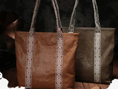 Country Style Black Leather Tote Bag Shopper Bag Brown Tote Purse For Women