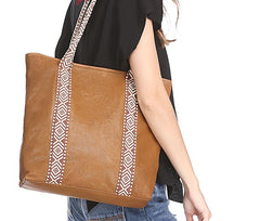 Country Style Black Leather Tote Bag Shopper Bag Brown Tote Purse For Women