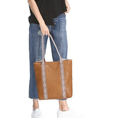 Country Style Black Leather Tote Bag Shopper Bag Brown Tote Purse For Women