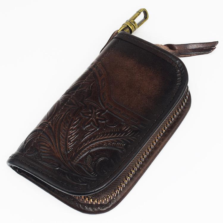 Vintage Embossed Brown Leather Men's Key Wallet Black Key Case Car Car