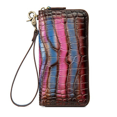 Crocodile Pattern Blue&Purple Leather Wristlet Wallet Womens Zip Around Wallets CONTRAST COLOR Ladies Zipper Clutch Wallets for Women