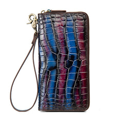 Crocodile Pattern Blue&Purple Leather Wristlet Wallet Womens Zip Around Wallets CONTRAST COLOR Ladies Zipper Clutch Wallets for Women