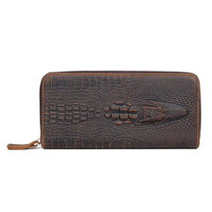 Cool Crocodile Pattern Brown Mens Leather Long Wallet Bifold Zip Long Wallet for Men