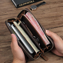 Cool Crocodile Pattern Brown Mens Leather Long Wallet Bifold Zip Long Wallet for Men