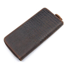 Cool Crocodile Pattern Brown Mens Leather Long Wallet Bifold Zip Long Wallet for Men