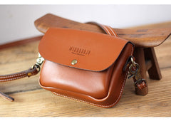 Cute Brown LEATHER Flip Side Bag Handmade WOMEN Phone Crossbody BAG Purse FOR WOMEN
