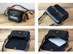 Cute Black LEATHER Flip Side Bag Handmade WOMEN Phone Crossbody BAG Purse FOR WOMEN