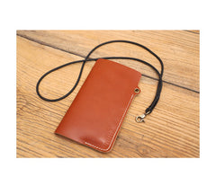 Cute Brown LEATHER Phone Case WOMEN Phone BAG with Neck Strap Slim Phone Shoulder Purse FOR WOMEN