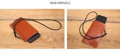 Cute Brown LEATHER Phone Case WOMEN Phone BAG with Neck Strap Slim Phone Shoulder Purse FOR WOMEN