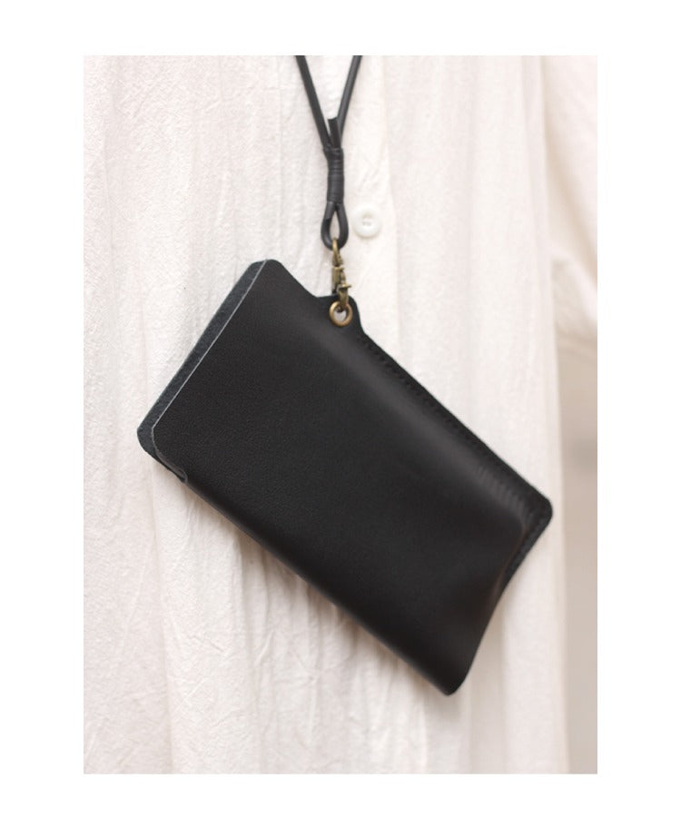 Cute Black LEATHER Phone Case WOMEN Phone BAG with Neck Strap Slim Phone Shoulder Purse FOR WOMEN