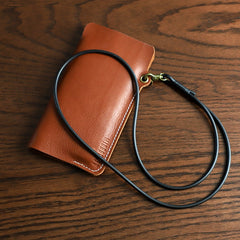 Cute Brown LEATHER Phone Case WOMEN Phone BAG with Neck Strap Slim Phone Shoulder Purse FOR WOMEN