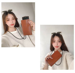 Cute Brown LEATHER Phone Case WOMEN Phone BAG with Neck Strap Slim Phone Shoulder Purse FOR WOMEN