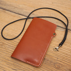 Cute Brown LEATHER Phone Case WOMEN Phone BAG with Neck Strap Slim Phone Shoulder Purse FOR WOMEN