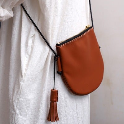 Cute Brown LEATHER Side Bag Tassel Saddle - Side View