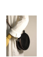 Cute Black LEATHER Around Side Bag Handmade WOMEN Circle Crossbody BAG Phone Purse FOR WOMEN