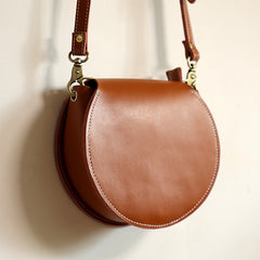 Cute Coffee LEATHER Around Side Bag Handmade WOMEN Circle Crossbody BAG Phone Purse FOR WOMEN