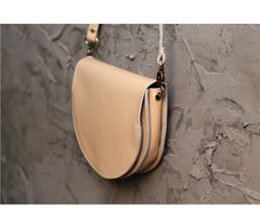 Cute Beige LEATHER Saddle SHOULDER Bag WOMEN Small Saddle Crossbody Purse FOR WOMEN