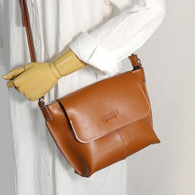 Cute Brown LEATHER Side Bag Handmade WOMEN - Bill Slots Detail