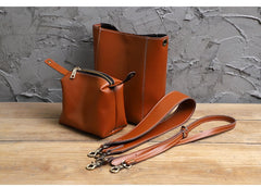 Cute Brown LEATHER WOMEN Bucket SHOULDER BAG Barrel Crossbody Purses FOR WOMEN