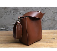 Cute Brown LEATHER WOMEN Bucket SHOULDER BAG Barrel Crossbody Purses FOR WOMEN