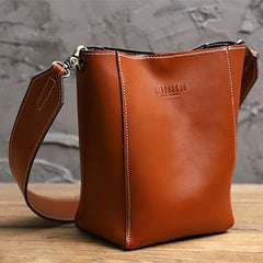 Cute Brown LEATHER WOMEN Bucket SHOULDER BAG Barrel Crossbody Purses FOR WOMEN