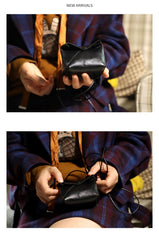Cute LEATHER Mini Side Bag Black Handmade WOMEN Crossbody BAG Phone Purse FOR WOMEN