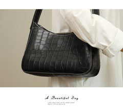 Cute LEATHER Side Bag Black WOMEN SHOULDER BAG Crocodile Pattern Handbag Purse FOR WOMEN