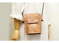 Cute LEATHER Small Side Bag Camel Crocodile Pattern WOMEN Crossbody BAG Purse FOR WOMEN