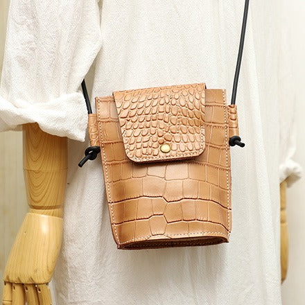 Cute LEATHER Small Side Bag Black Crocodile - Open View