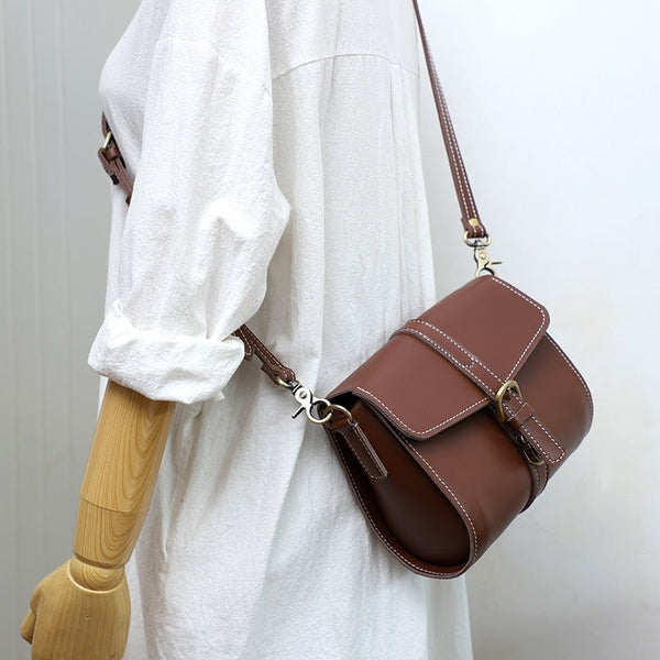 Cute LEATHER Small Side Bag Brown WOMEN - Open View