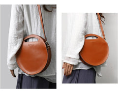 Cute Round LEATHER Handbag Brown WOMEN Circle SHOULDER BAG Small Crossbody Purse FOR WOMEN