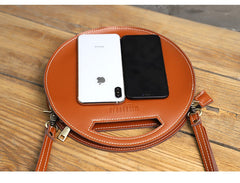 Cute Round LEATHER Handbag Brown WOMEN Circle SHOULDER BAG Small Crossbody Purse FOR WOMEN