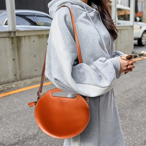Cute Round LEATHER Handbag Green WOMEN Circle SHOULDER BAG Small Crossbody Purse FOR WOMEN